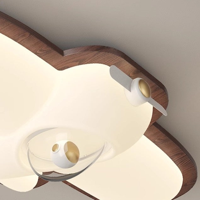 Contemporary Creative Cartoon Aircraft PE Shade Solid Wood LED Flush Mount Ceiling Light For Bedroom