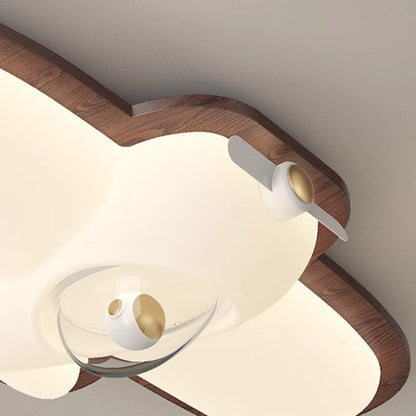 Contemporary Creative Cartoon Aircraft PE Shade Solid Wood LED Flush Mount Ceiling Light For Bedroom