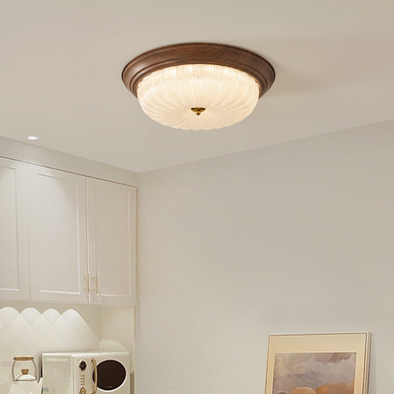 Traditional Vintage Solid Wood Iron Glass Cylinder Shade LED Flush Mount Ceiling Light For Bedroom