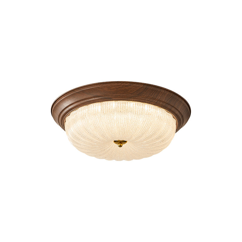 Traditional Vintage Solid Wood Iron Glass Cylinder Shade LED Flush Mount Ceiling Light For Bedroom
