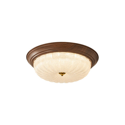 Traditional Vintage Solid Wood Iron Glass Cylinder Shade LED Flush Mount Ceiling Light For Bedroom