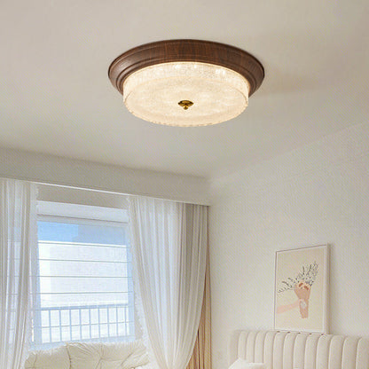Traditional Vintage Solid Wood Iron Glass Cylinder Shade LED Flush Mount Ceiling Light For Bedroom