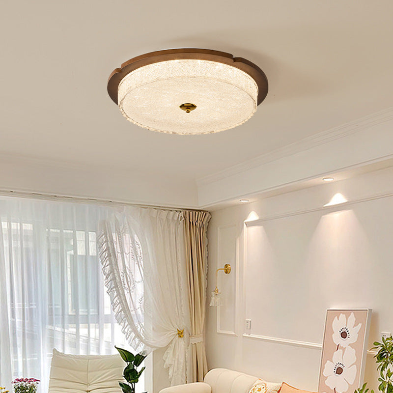 Traditional Vintage Solid Wood Iron Glass Cylinder Shade LED Flush Mount Ceiling Light For Bedroom