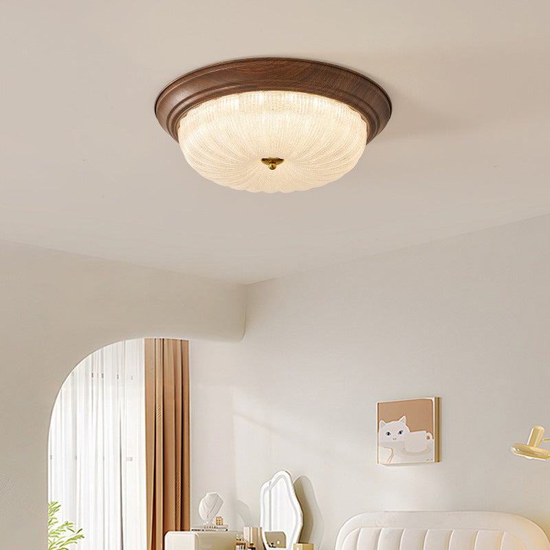 Traditional Vintage Solid Wood Iron Glass Cylinder Shade LED Flush Mount Ceiling Light For Bedroom