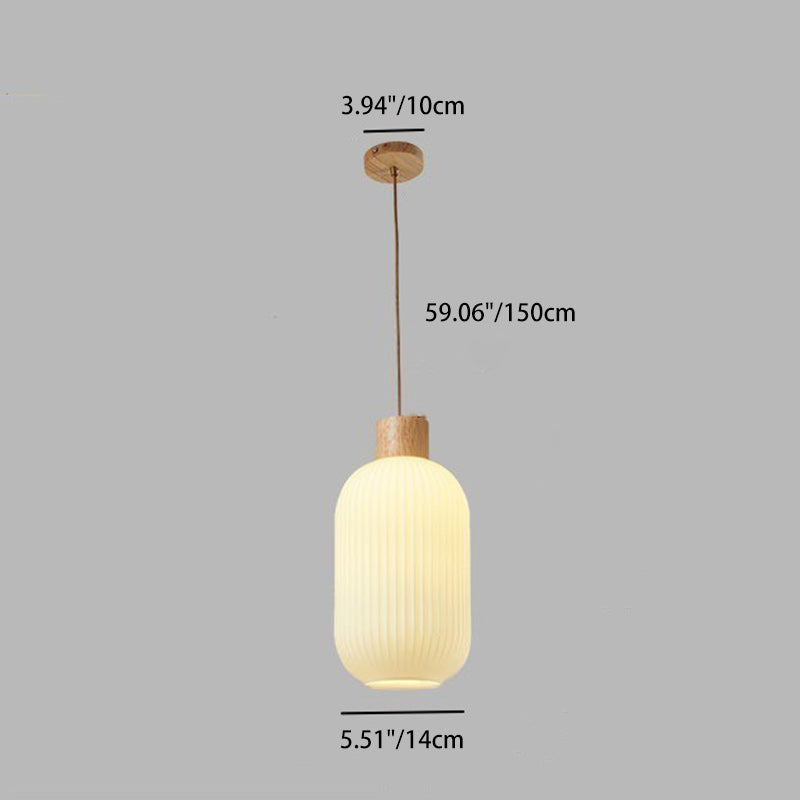 Traditional Japanese Cylinder Glass Solid Wood 1-Light Pendant Light For Living Room