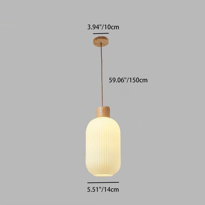 Traditional Japanese Cylinder Glass Solid Wood 1-Light Pendant Light For Living Room
