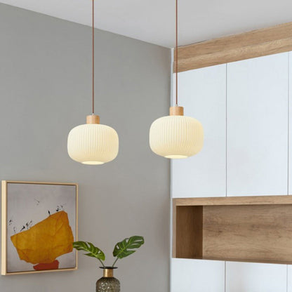 Traditional Japanese Cylinder Glass Solid Wood 1-Light Pendant Light For Living Room