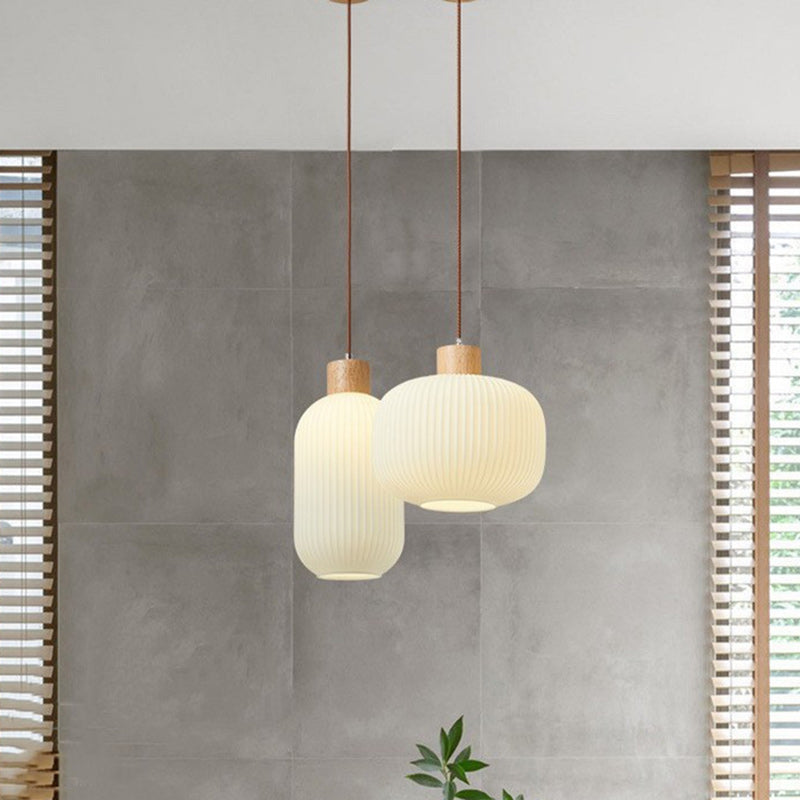 Traditional Japanese Cylinder Glass Solid Wood 1-Light Pendant Light For Living Room