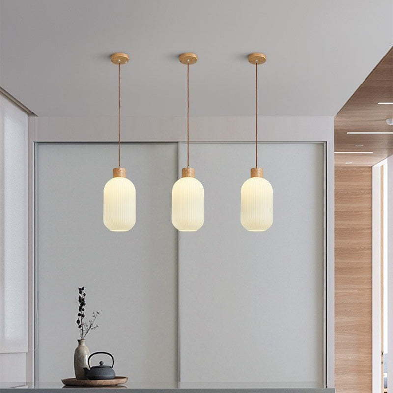 Traditional Japanese Cylinder Glass Solid Wood 1-Light Pendant Light For Living Room