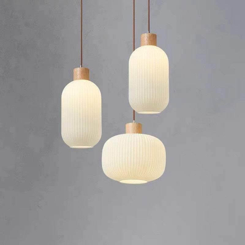Traditional Japanese Cylinder Glass Solid Wood 1-Light Pendant Light For Living Room