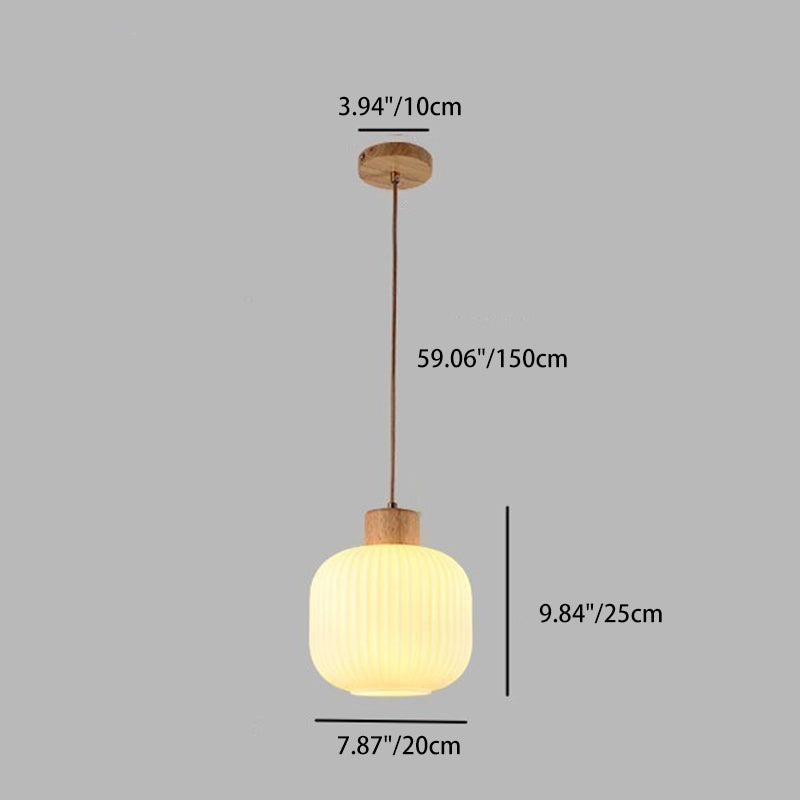Traditional Japanese Cylinder Glass Solid Wood 1-Light Pendant Light For Living Room