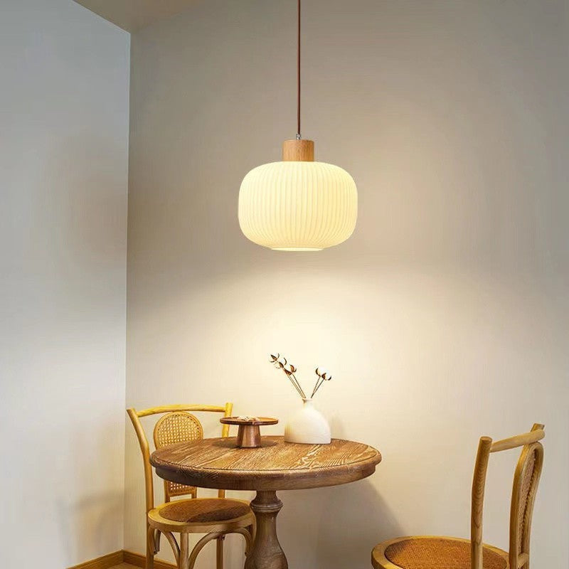 Traditional Japanese Cylinder Glass Solid Wood 1-Light Pendant Light For Living Room
