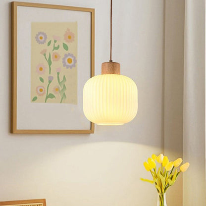 Traditional Japanese Cylinder Glass Solid Wood 1-Light Pendant Light For Living Room