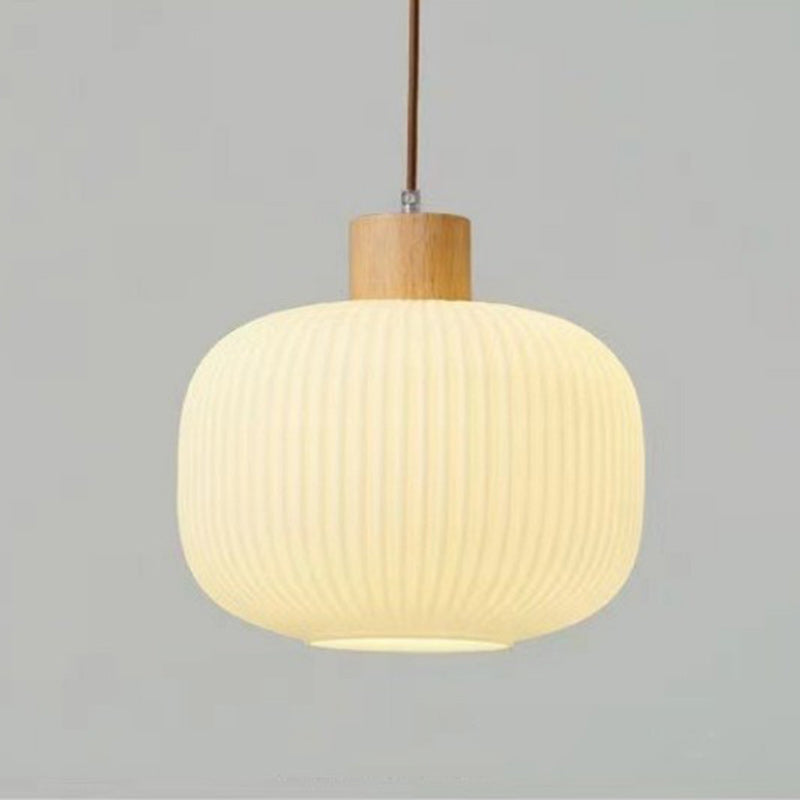 Traditional Japanese Cylinder Glass Solid Wood 1-Light Pendant Light For Living Room