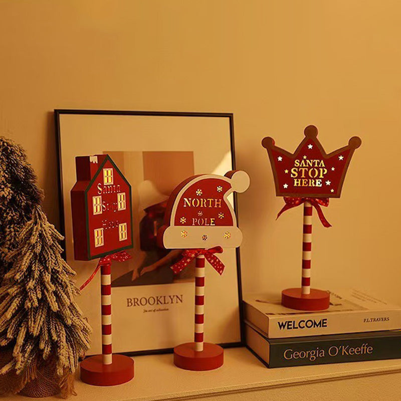 Contemporary Creative Christmas Road Sign Decoration Wooden Metal LED Table Lamp For Living Room