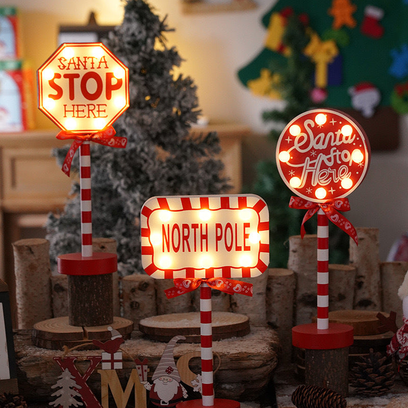 Contemporary Creative Christmas Road Sign Decoration Wooden Metal LED Table Lamp For Living Room
