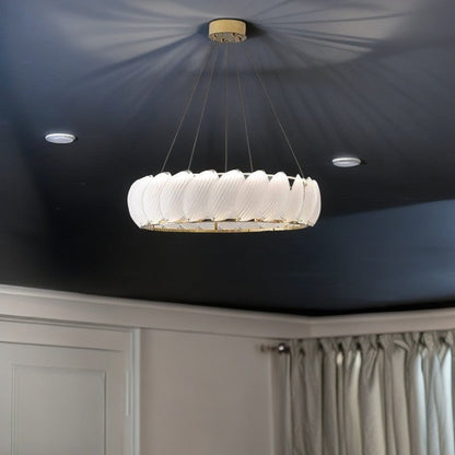 Traditional French Stainless Steel Feather Glass Ring LED Pendant Light For Bedroom