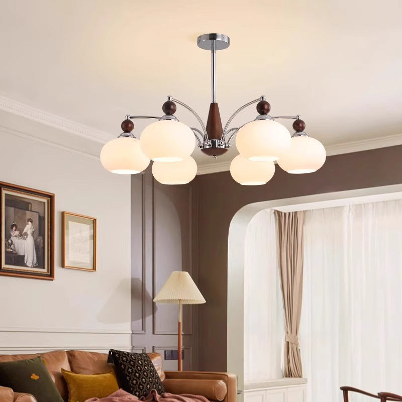 Traditional French Iron Solid Wood Glass Round Shade 6/8-Light Chandelier For Living Room