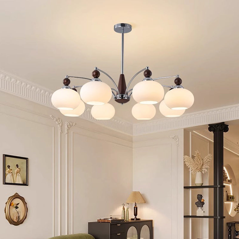 Traditional French Iron Solid Wood Glass Round Shade 6/8-Light Chandelier For Living Room