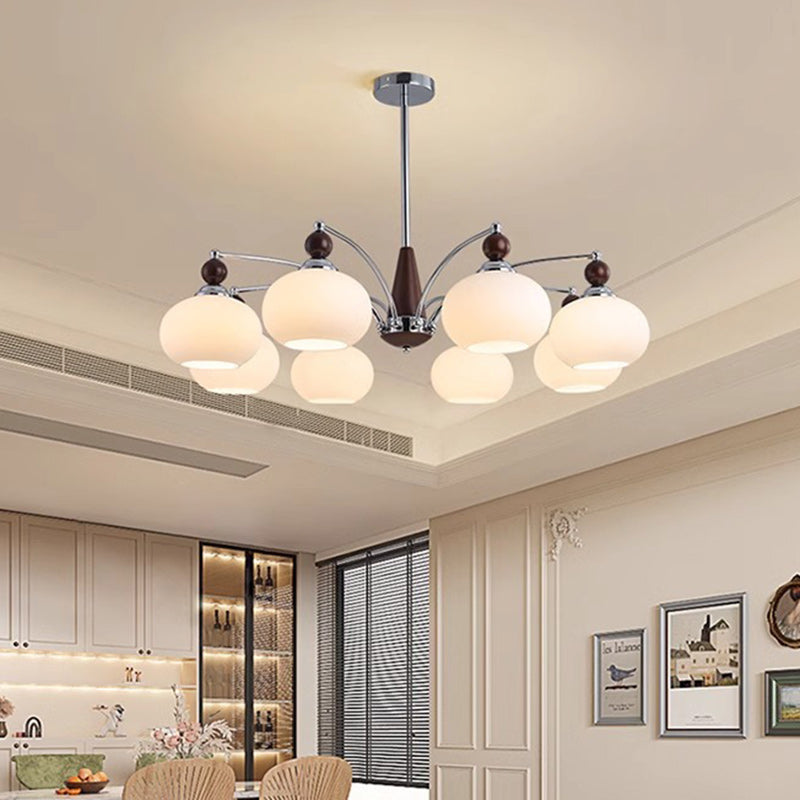 Traditional French Iron Solid Wood Glass Round Shade 6/8-Light Chandelier For Living Room