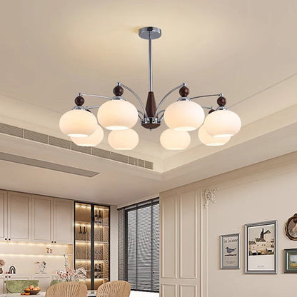 Traditional French Iron Solid Wood Glass Round Shade 6/8-Light Chandelier For Living Room