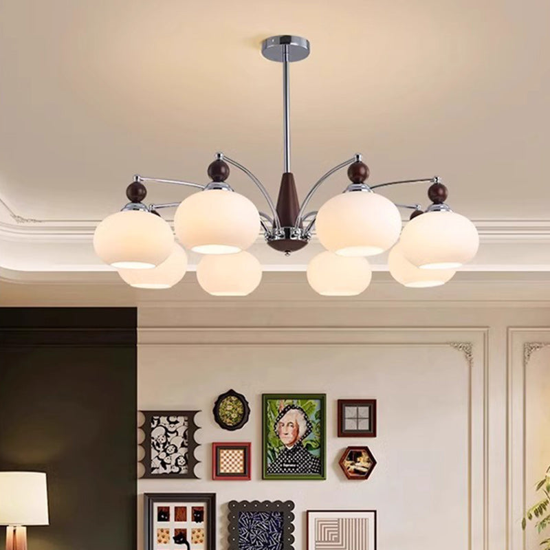 Traditional French Iron Solid Wood Glass Round Shade 6/8-Light Chandelier For Living Room