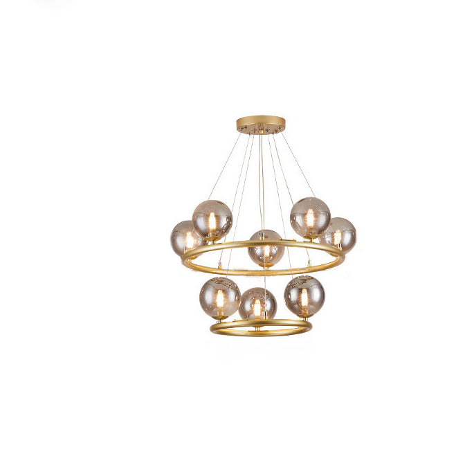 Contemporary Luxury Dual Iron Circle Ring Frame Glass Ball Shade 8-Light Chandelier For Living Room