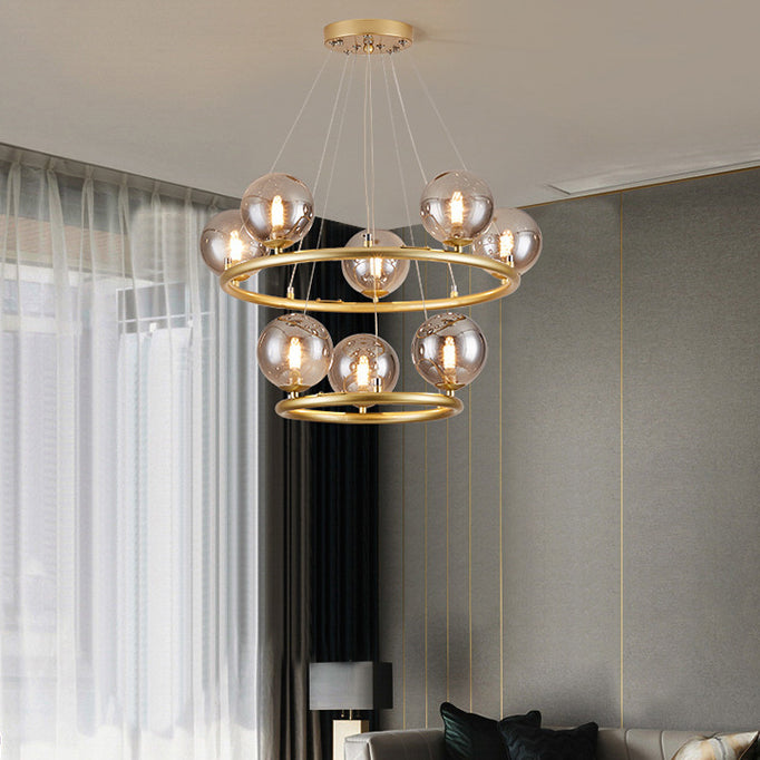 Contemporary Luxury Dual Iron Circle Ring Frame Glass Ball Shade 8-Light Chandelier For Living Room