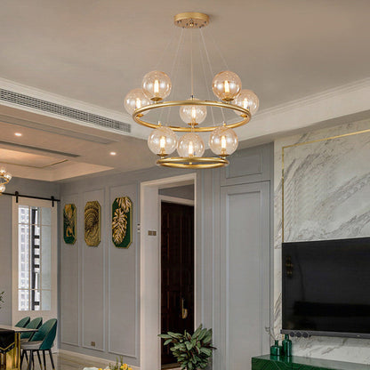 Contemporary Luxury Dual Iron Circle Ring Frame Glass Ball Shade 8-Light Chandelier For Living Room