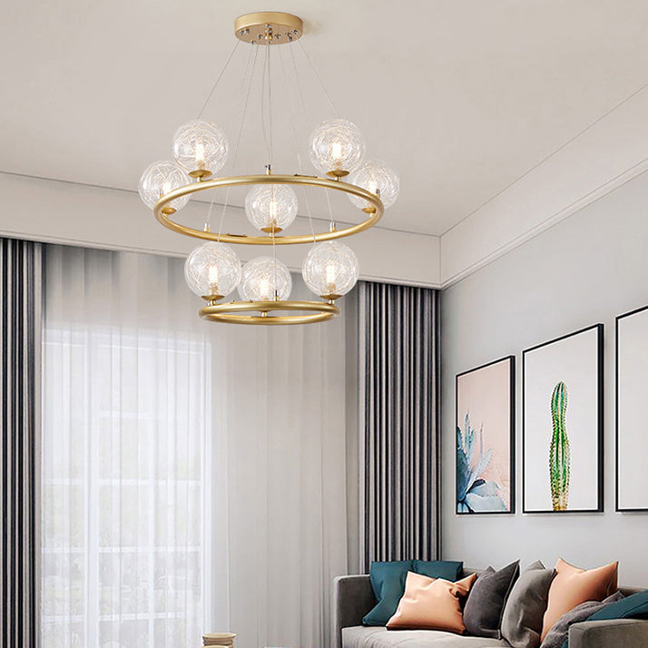 Contemporary Luxury Dual Iron Circle Ring Frame Glass Ball Shade 8-Light Chandelier For Living Room