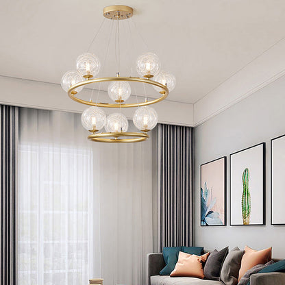 Contemporary Luxury Dual Iron Circle Ring Frame Glass Ball Shade 8-Light Chandelier For Living Room