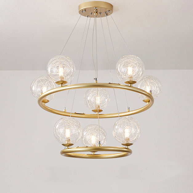 Contemporary Luxury Dual Iron Circle Ring Frame Glass Ball Shade 8-Light Chandelier For Living Room