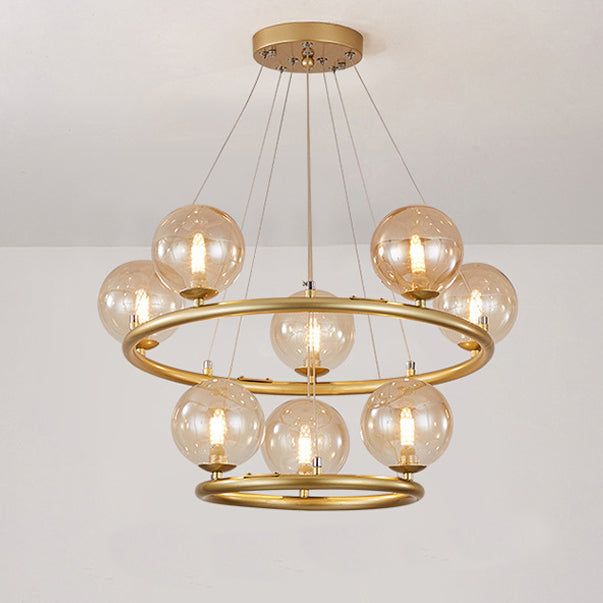 Contemporary Luxury Dual Iron Circle Ring Frame Glass Ball Shade 8-Light Chandelier For Living Room