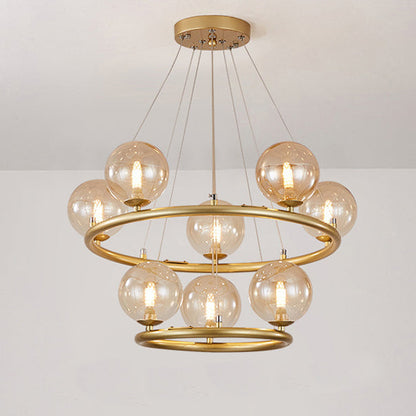 Contemporary Luxury Dual Iron Circle Ring Frame Glass Ball Shade 8-Light Chandelier For Living Room