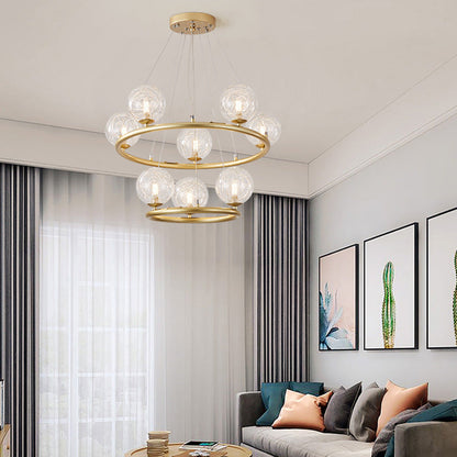 Contemporary Luxury Dual Iron Circle Ring Frame Glass Ball Shade 8-Light Chandelier For Living Room