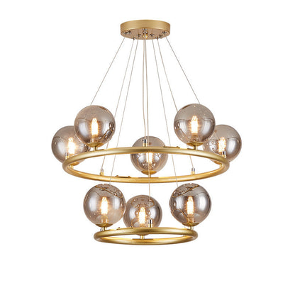 Contemporary Luxury Dual Iron Circle Ring Frame Glass Ball Shade 8-Light Chandelier For Living Room