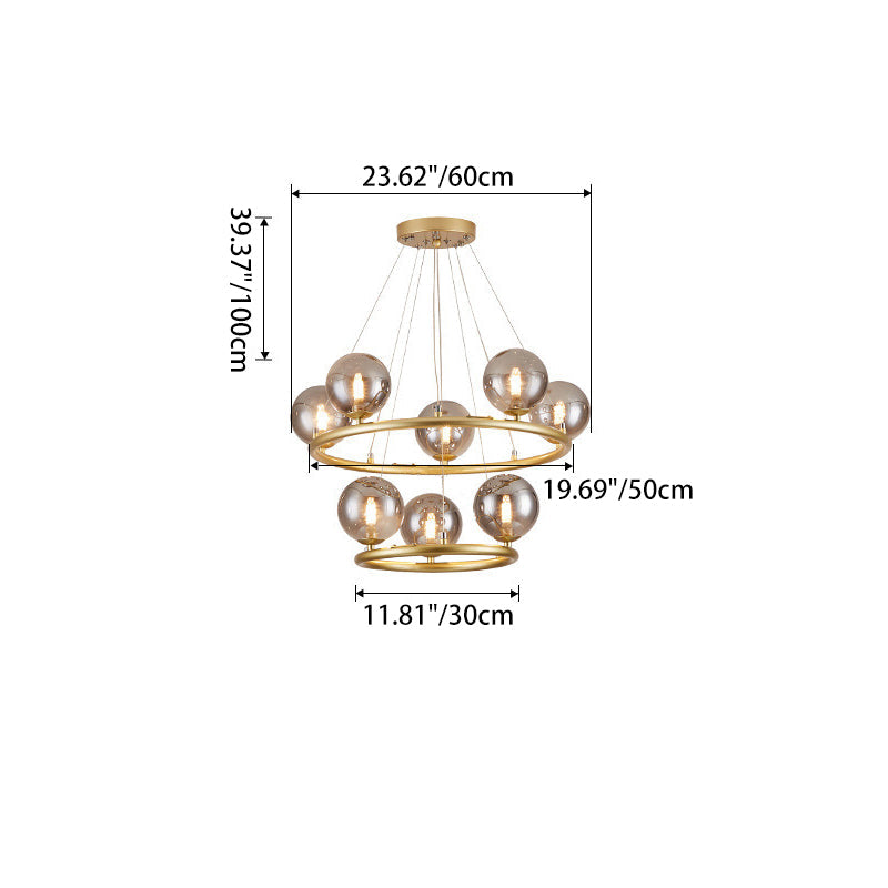 Contemporary Luxury Dual Iron Circle Ring Frame Glass Ball Shade 8-Light Chandelier For Living Room