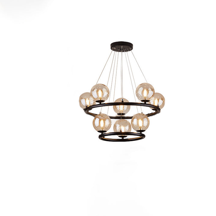 Contemporary Luxury Dual Iron Circle Ring Frame Glass Ball Shade 8-Light Chandelier For Living Room