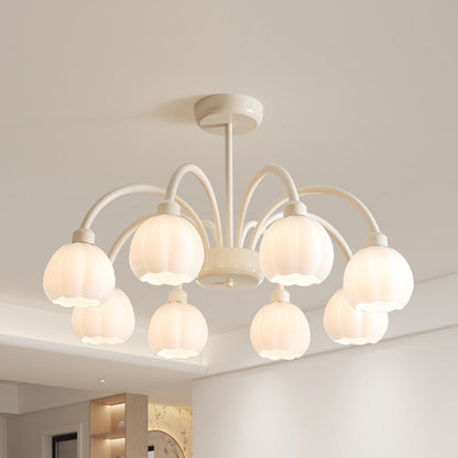 Traditional French Iron Frame Glass Flower Shade 8-Light Chandelier For Living Room