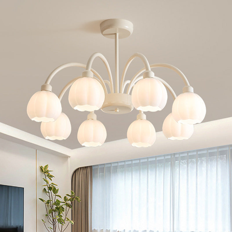 Traditional French Iron Frame Glass Flower Shade 8-Light Chandelier For Living Room