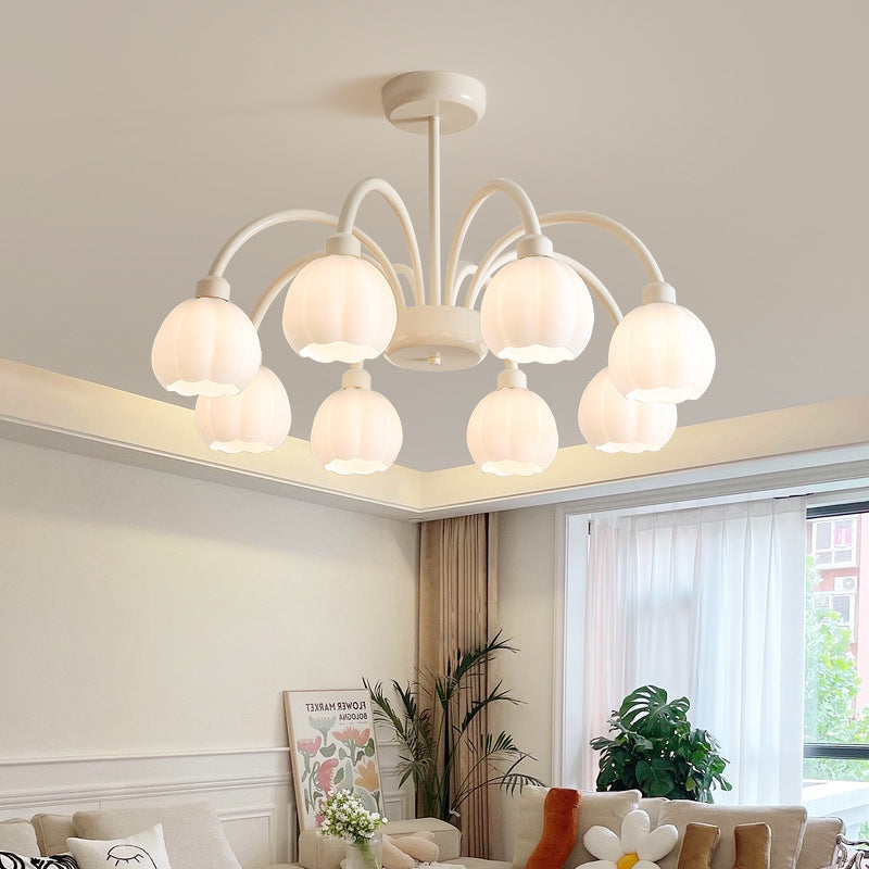Traditional French Iron Frame Glass Flower Shade 8-Light Chandelier For Living Room