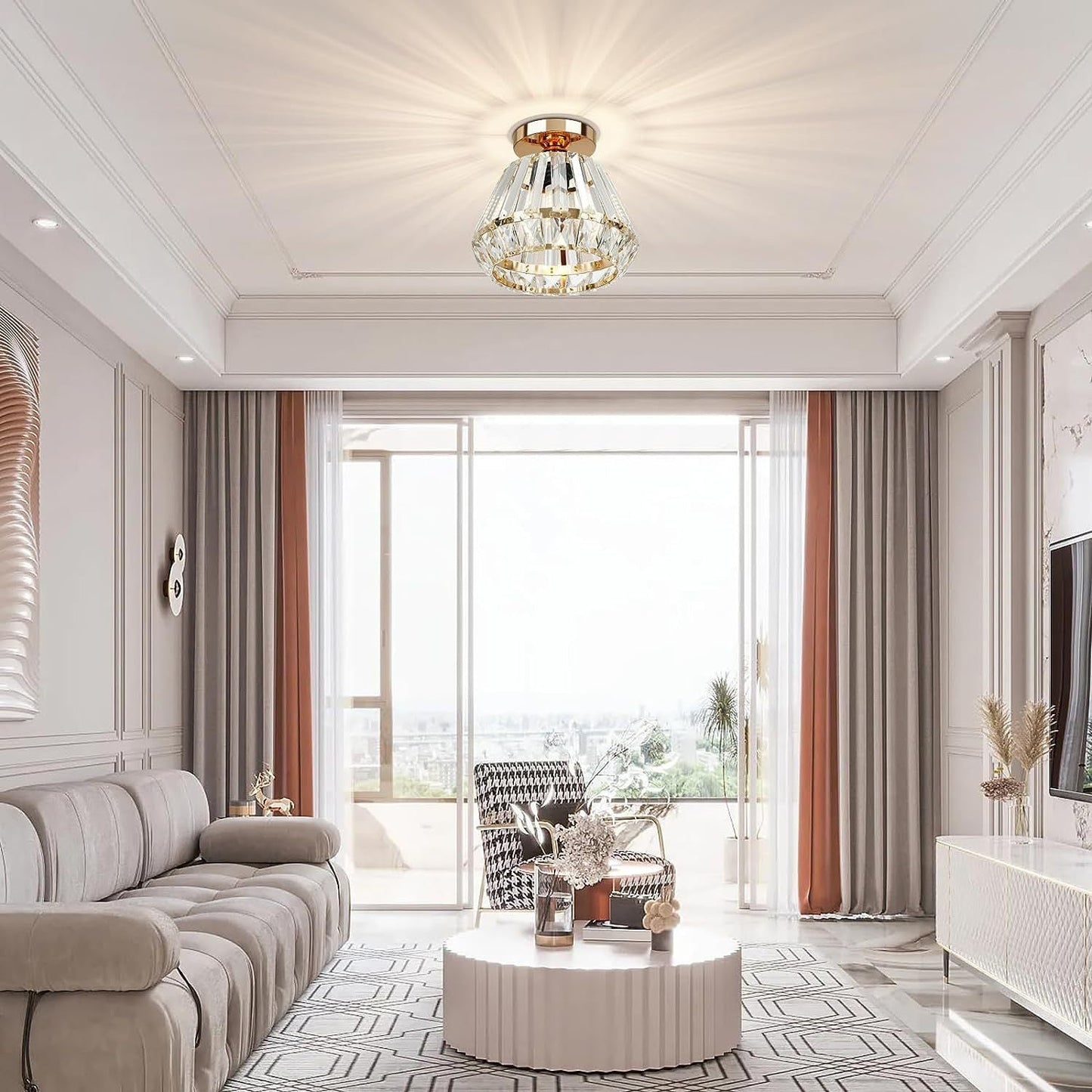 Contemporary Luxury Sparkle Crystal Diamond Shade 1-Light Semi-Flush Mount Ceiling Light For Living Room
