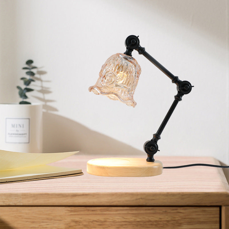 Traditional Rustic Adjustable Iron Lamp Arm Flower Glass Shade 1-Light Melting Wax Table Lamp For Bedroom