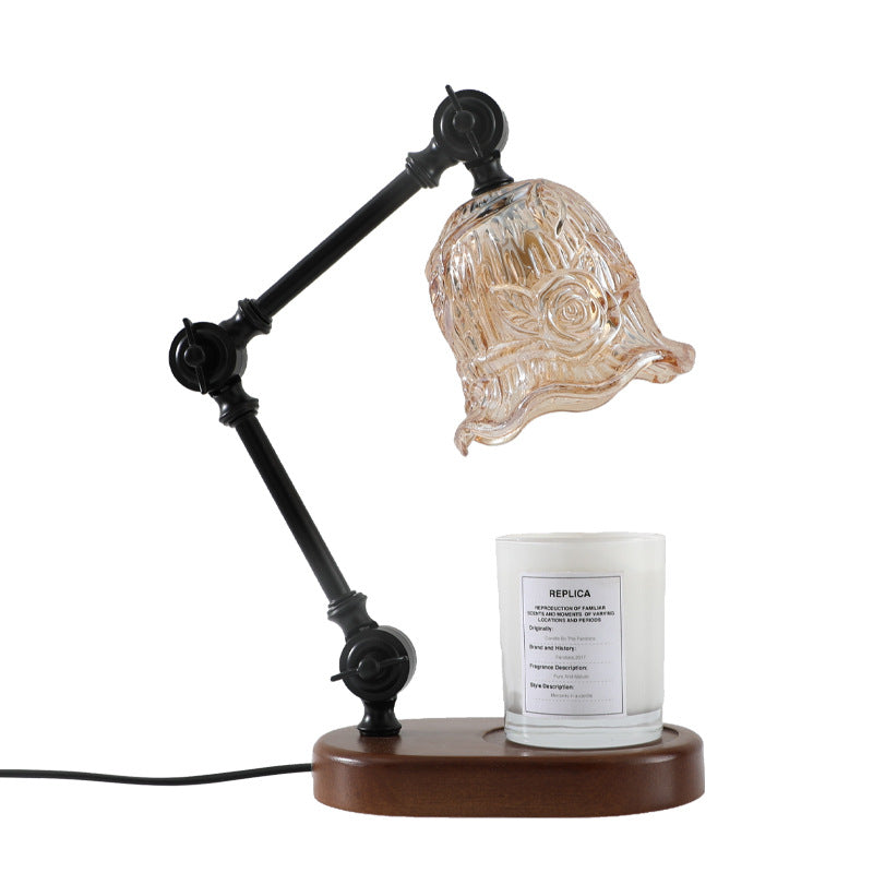 Traditional Rustic Adjustable Iron Lamp Arm Flower Glass Shade 1-Light Melting Wax Table Lamp For Bedroom