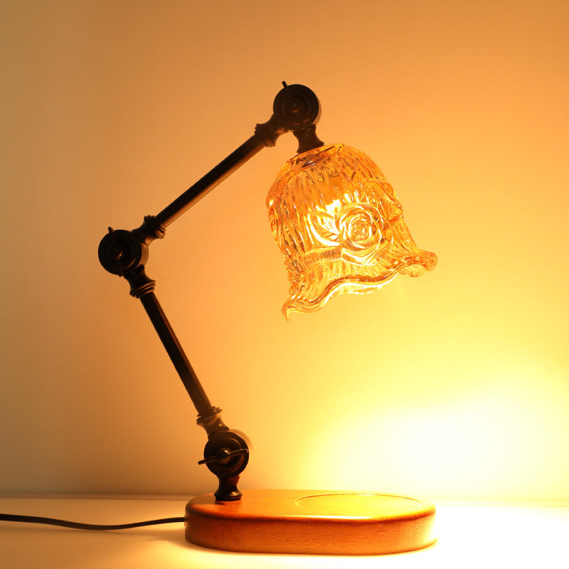 Traditional Rustic Adjustable Iron Lamp Arm Flower Glass Shade 1-Light Melting Wax Table Lamp For Bedroom