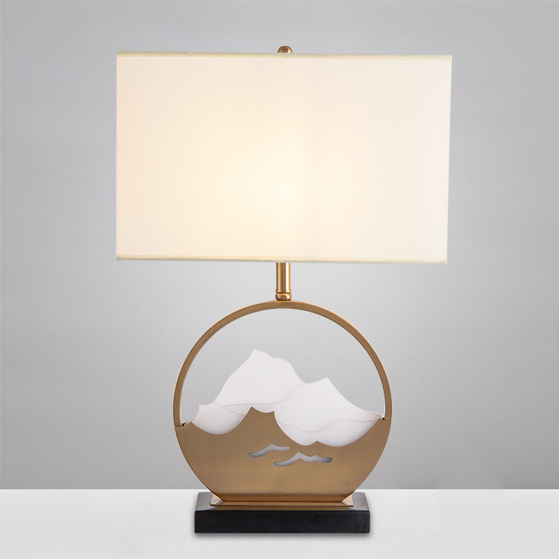 Traditional Chinese Fabric Cylinder Shade Iron Acrylic 1-Light Table Lamp For Bedroom