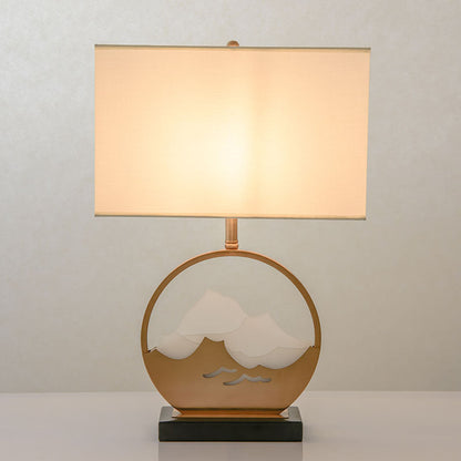 Traditional Chinese Fabric Cylinder Shade Iron Acrylic 1-Light Table Lamp For Bedroom