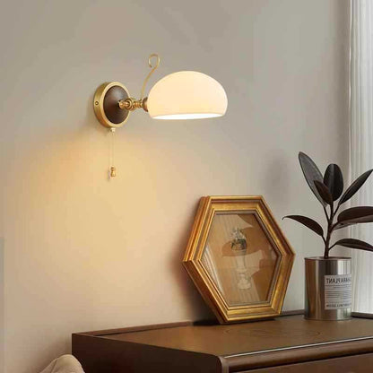 Traditional Vintage Brass Ash Wood Ceramic Round Shade 1-Light Wall Sconce Lamp For Living Room