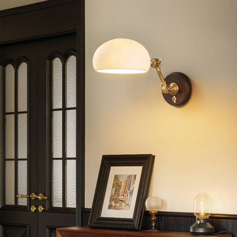 Traditional Vintage Brass Ash Wood Ceramic Round Shade 1-Light Wall Sconce Lamp For Living Room