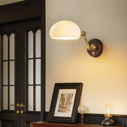 Traditional Vintage Brass Ash Wood Ceramic Round Shade 1-Light Wall Sconce Lamp For Living Room